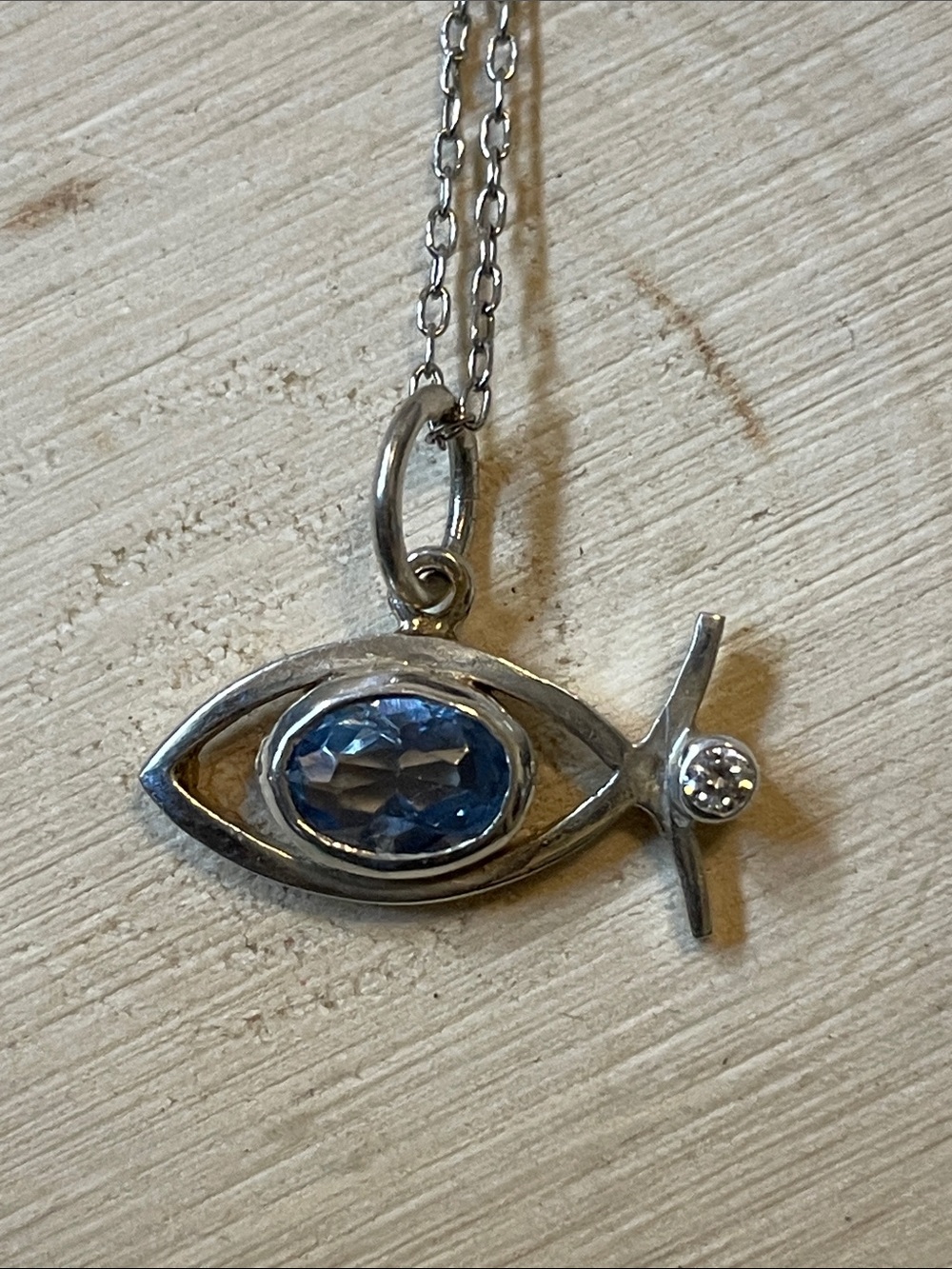Sterling Silver Fish Pendant Necklace with Blue Aquamarine Gem